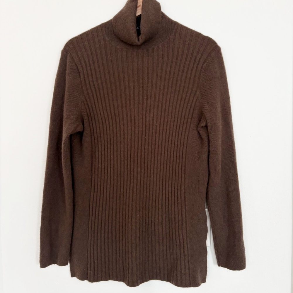 Lafayette 148 || Ribbed Cashmere Turtleneck Sweater Split Hem Chocolate Brown L